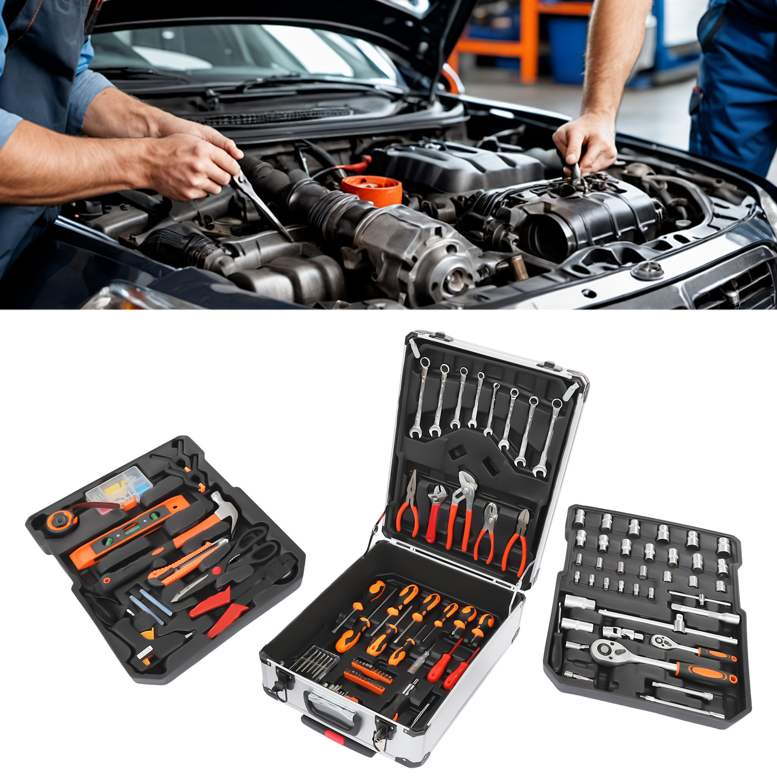 Hand Tools Maintenance Workshop - 187個入り炭素鋼製自動車修理工具キット、クロムメッキ仕上げのメカニックツールセット、ローリング収納ケース付き、ポータブルな車・バイク・自転車メンテナンス用手工具、工場・家庭・庭の修理に最適