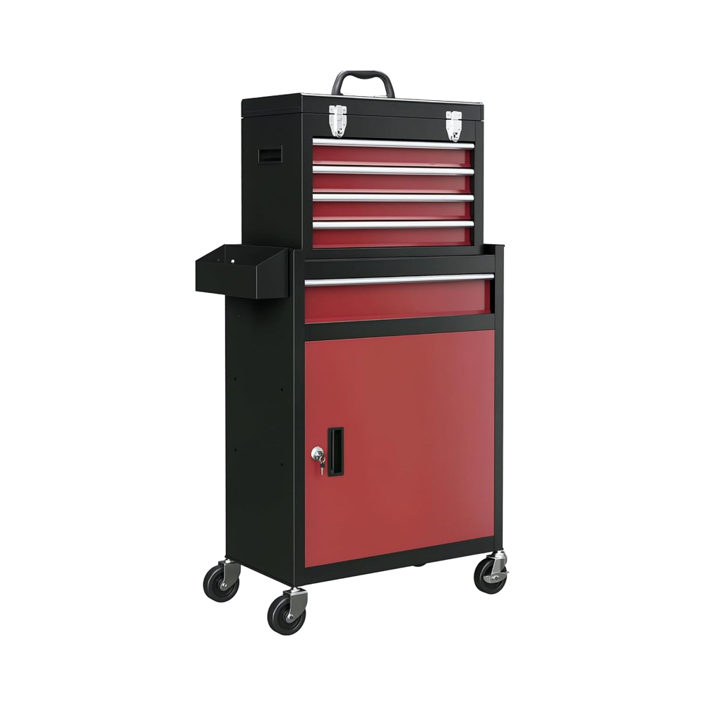 Tool Chest Cabinet - # ジンフェン製スチール製工具箱、5段引き出し、ロック付きキャビネット、ポータブルトップツールローラーキャビネット、高さ調整可能、作業場/家庭用、赤色