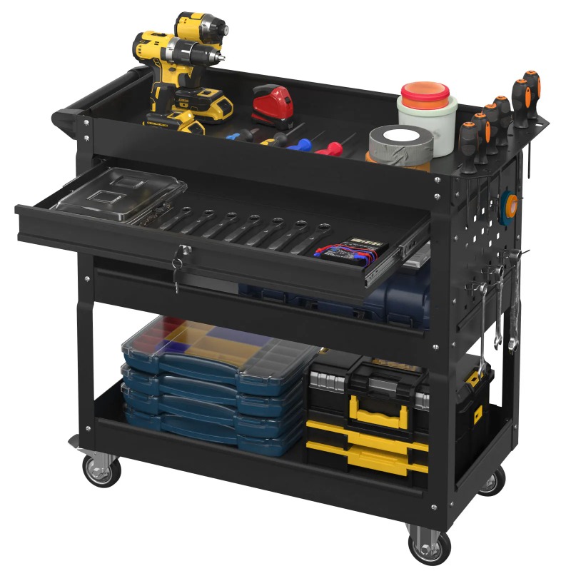 Workshop Garage Tools Manufacturer - 3段式ローリングツールカート、ヘビーデューティーユーティリティカート（引き出し＆ペグボード付き）、モバイルツールトロリー、ガレージ用ワークショップオーガナイザー